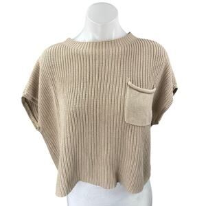Lillusory Women's Beige Short Drop Sleeve Crew Neck Cropped Sweater Top Size M